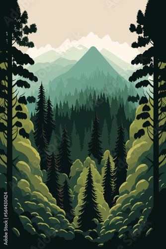 landscape green forest, pine trees in wilderness of a national park vector illustration