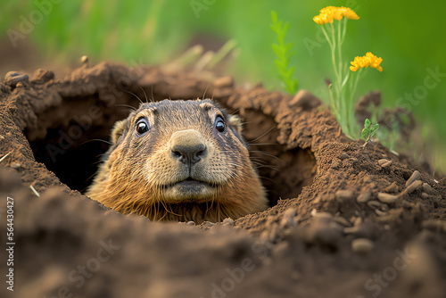 Groundhog Peeking out of Burrow Hole, Groundhog Day Concept, Social Media Banner, Generative AI photo