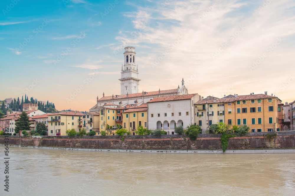 Beautiful view of the Church of San Giorgio on the Adige River in Verona, Italy