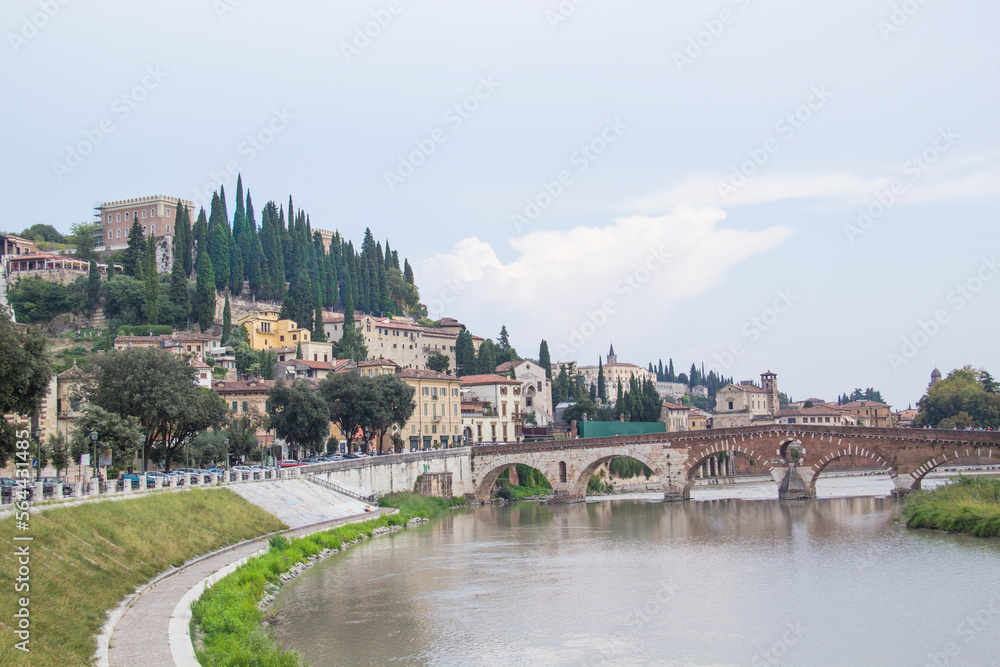 Beautiful view of the Church of San Giorgio on the Adige River in Verona, Italy