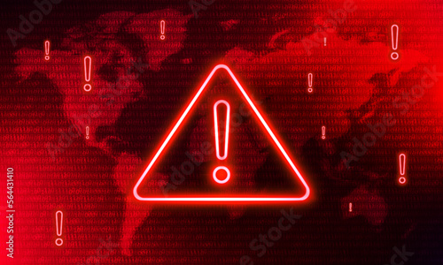 Attention Danger Hacking. Neon Symbol on Red Map Background. Security protection, Malware, Hack Attack, Data Breach Concept. System hacked error, Attacker alert sign computer virus. Ransomware. Vector