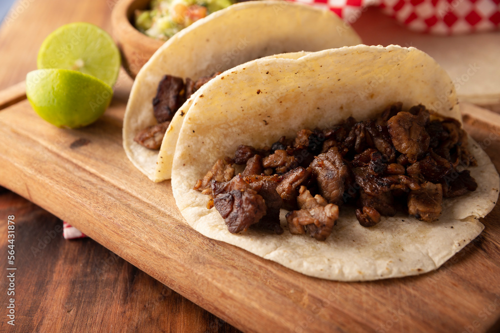 Tacos de Bistec. Homemade grilled meat in a corn tortilla. Street food from Mexico, traditionally accompanied with cilantro, onion and spicy sauce or guacamole Tacos de Bistec. Homemade grilled meat in a corn tortilla. Street food from Mexico, traditionally accompanied with cilantro, onion and spicy sauce or guacamole