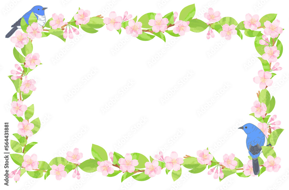 桜と青い鳥のフレーム背景素材