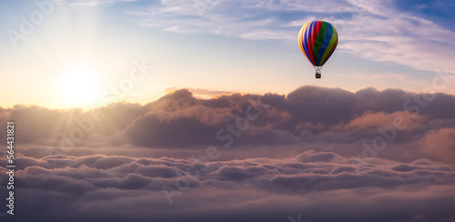 Hot Air Balloon Flying over Puffy Clouds. Dramatic Sunrise Sky. 3d Rendering Aircraft. Adventure Concept.