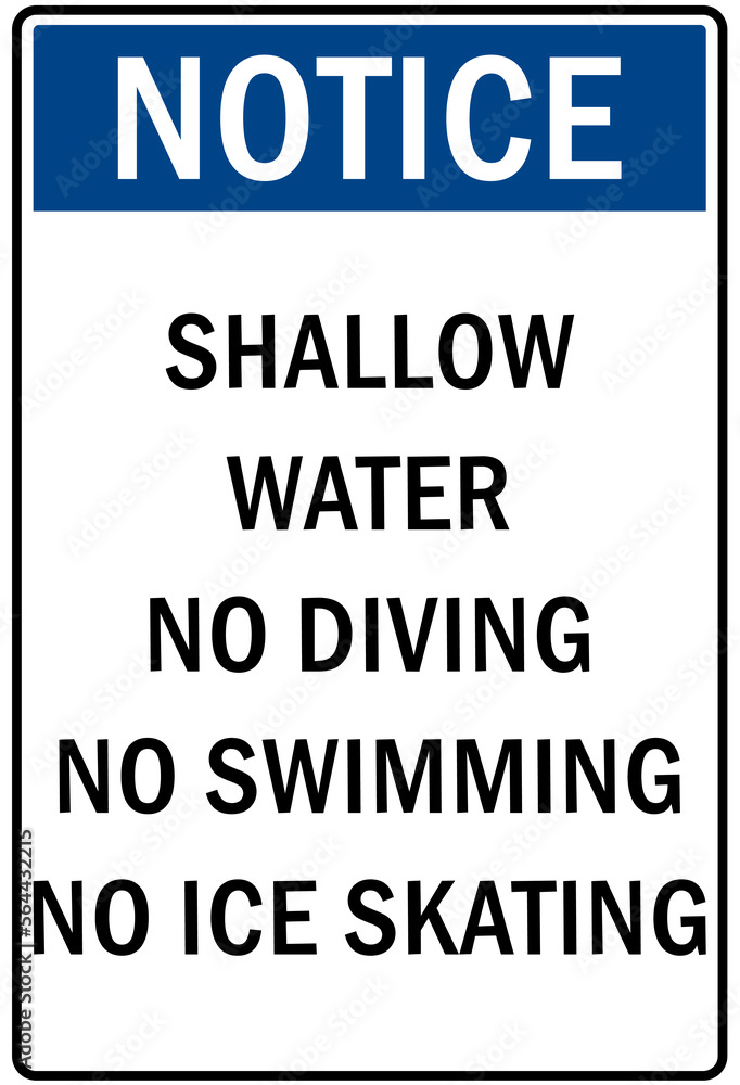 Ice warning sign and labels shallow water no diving no swimming no ice skating Ice warning sign and labels shallow water no diving no swimming no ice skating