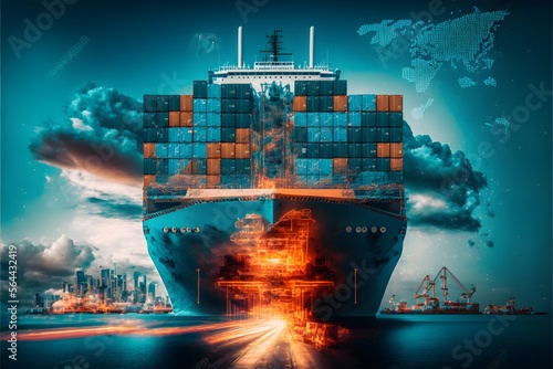 Containers transportation logistics, international cargo shipping, freight transportation. Generative AI.
