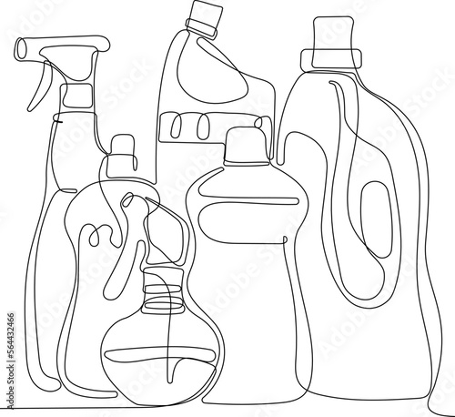 Continuous one line drawing of bottles for liquid laundry detergent, bleach, fabric softener, dishwashing liquid or another cleaning agent. Easy to place your text and brand logo. Vector illustration