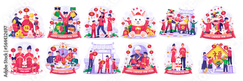 Chinese New Year Illustration Set with Asian Family is having a reunion dinner, Children playing with a Chinese dancing lion. Vector Illustration in Flat Style