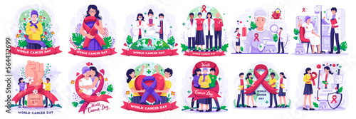 World Cancer Day Illustration Set with People, Doctors, nurses, and Cancer Patient celebrate world cancer day. Vector Illustration in Flat Style