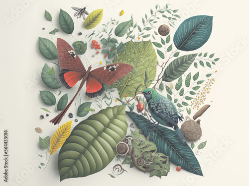 a bird sitting on top of a green leaf, biodiversity of nature 
