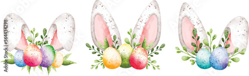 Watercolor Illustration set of Easter Rabbit ear with easter eggs