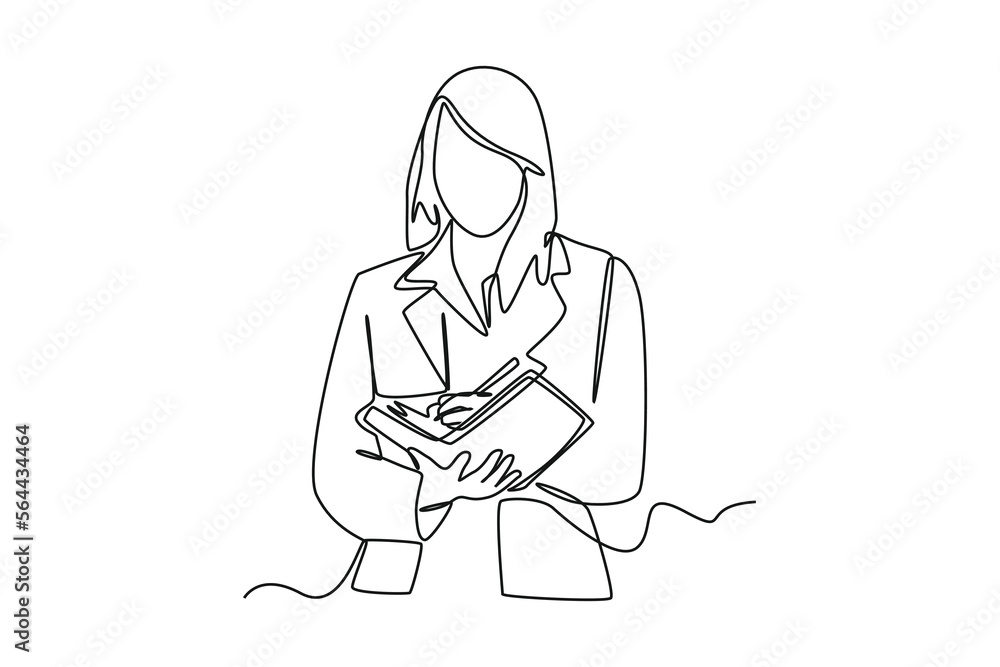 Continuous one line drawing Busy woman check events on paper. Event planner concept. Single line draw design vector graphic illustration.