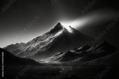 Beautiful Moody Black and White Image of Misty Shrouded Mountain Peak, Mountaintop Light, Generative AI photo