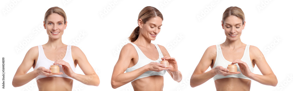 Photos of woman holding jar with body cream on white background, collage design