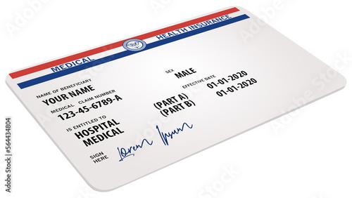 Here is a mock generic government medicare medical insurance card isolated on a white background and is a 3-D image.