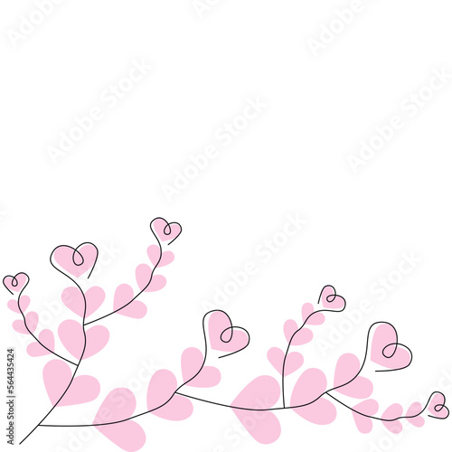 Abstract branches of hearts in one line in trendy pale pink tint. Template for lettering. Valentine