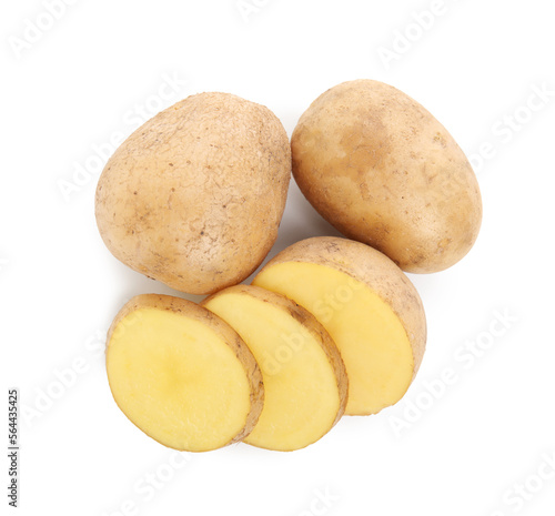 Whole and cut fresh potatoes on white background  top view