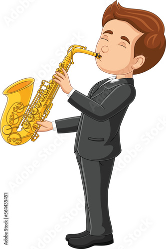 Cartoon little boy playing a saxophone