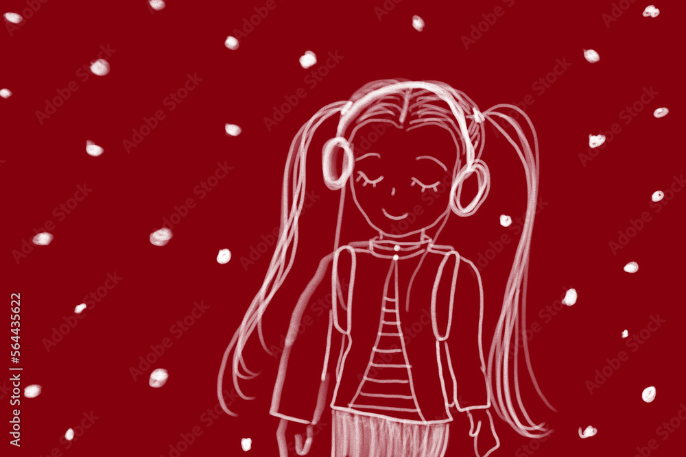 Fototapeta premium 雪の日、ヘッドフォンと女の子