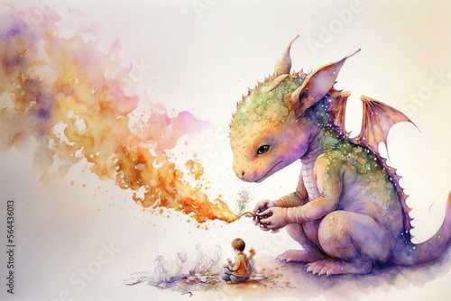 Baby dragon playing with fire watercolor  Generative AI