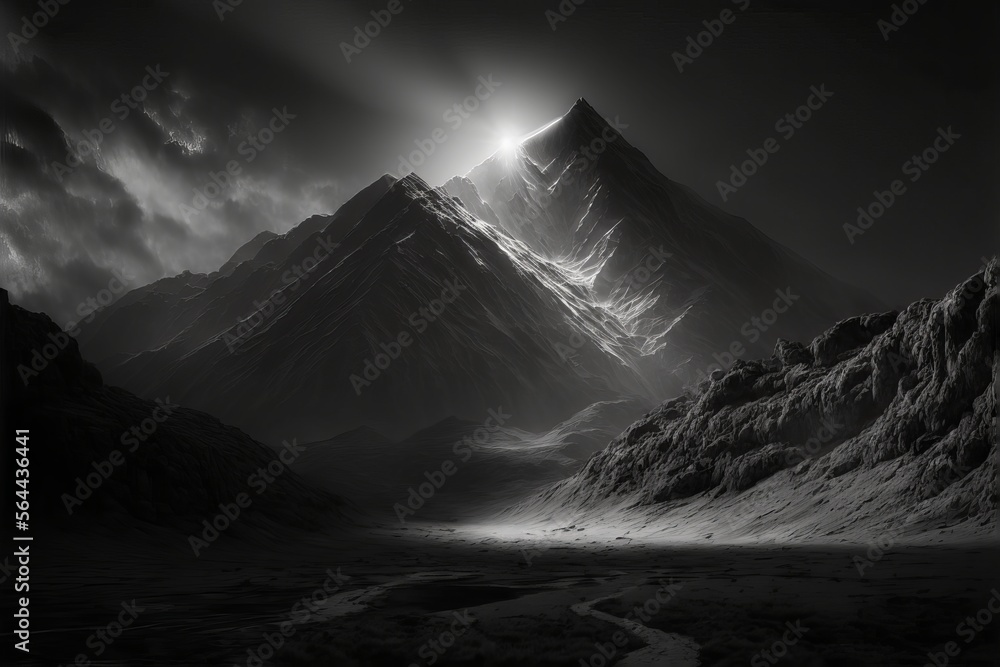 Beautiful Moody Black and White Image of Misty Shrouded Mountain Peak, Generative AI
