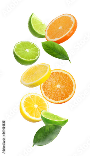 Different fresh citrus fruits and leaves falling on white background