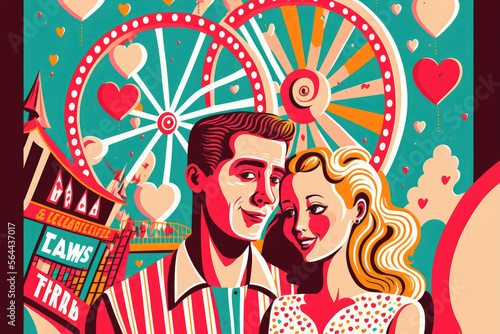A colorful and playful illustration of a couple enjoying a fun date at an amusement park, vintage style, generative ai