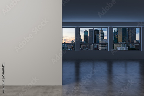 Downtown Seattle City Skyline Buildings from High Rise Window. Beautiful Expensive Real Estate overlooking. Empty room Interior. Mockup wall. Skyscrapers Cityscape. Sunset. USA. 3d rendering