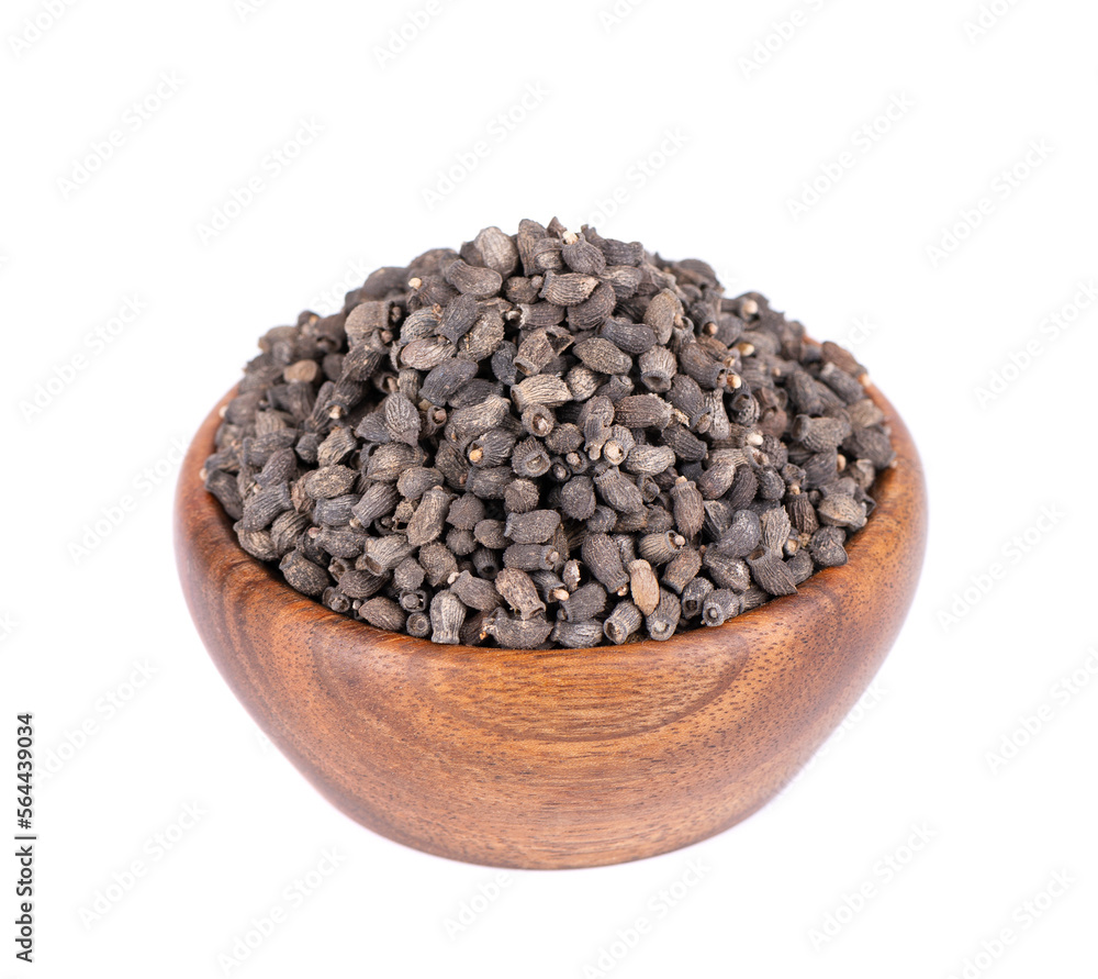 Borage seeds in wooden bowl, isolated on a white background. Borago officinalis seeds. Borage seeds in wooden bowl, isolated on a white background. Borago officinalis seeds.