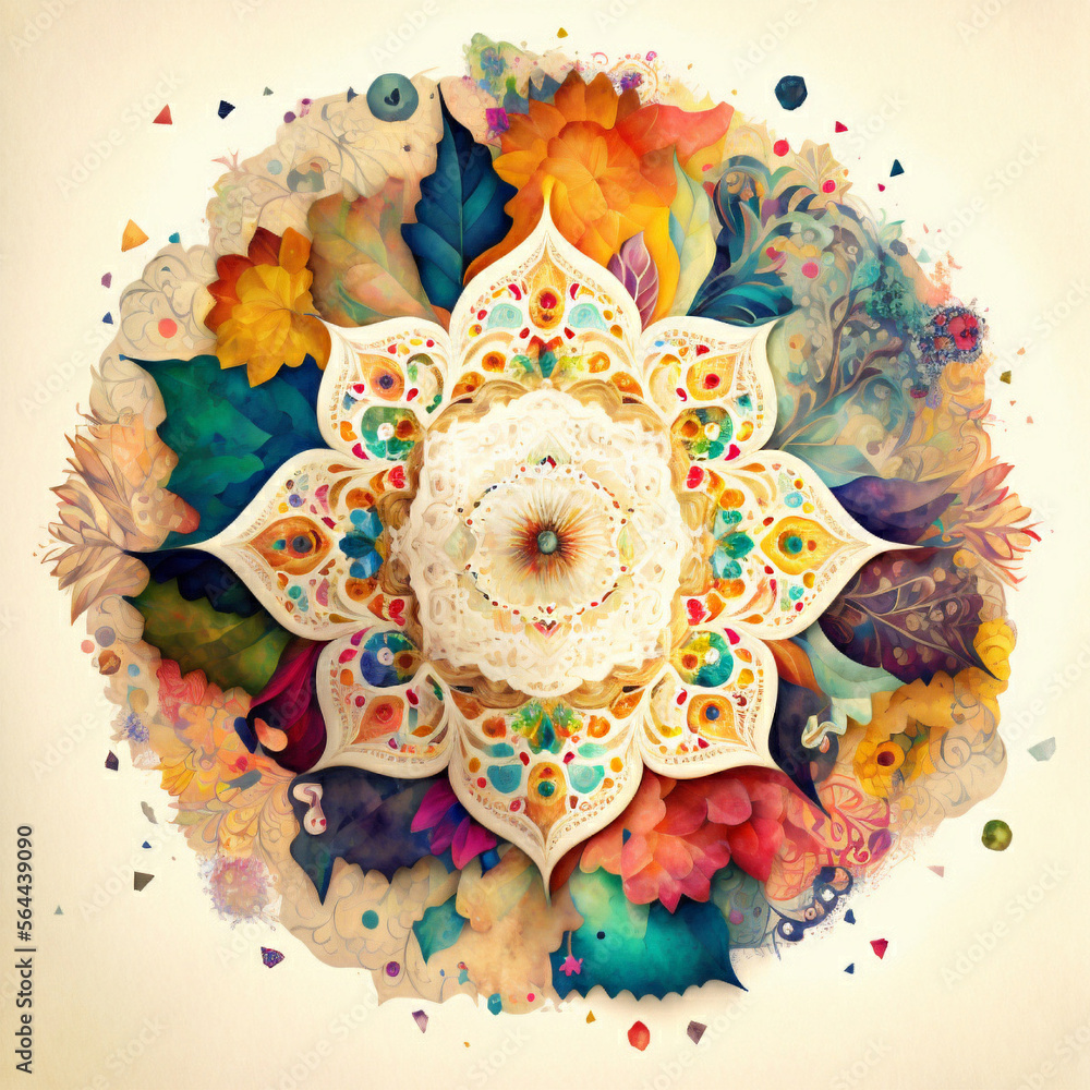 Energetic Mandala: A Watercolor Collage of Vibrant Paisleys, Florals, and Geometric Shapes