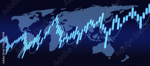 Obraz na plátně 経済チャートと世界地図、世界の金融情勢