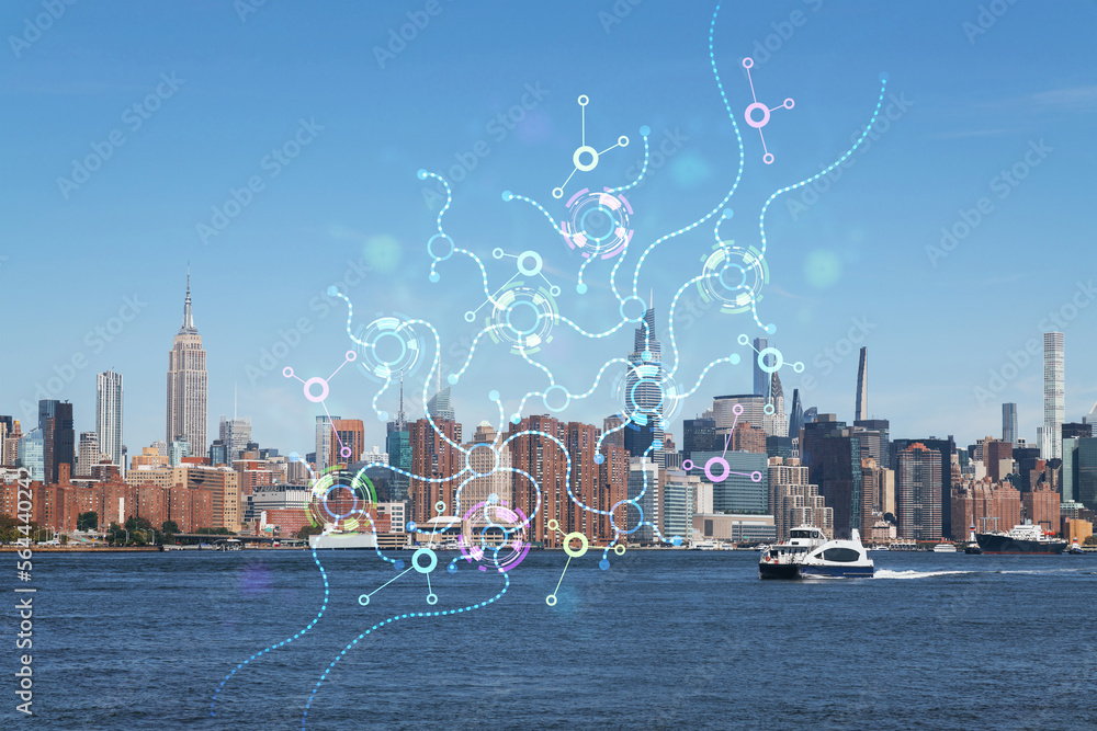 New York City skyline from Brooklyn, Williamsburg over the East River, Manhattan skyscrapers at day time, USA. Artificial Intelligence concept, hologram. AI, machine learning, neural network, robotics