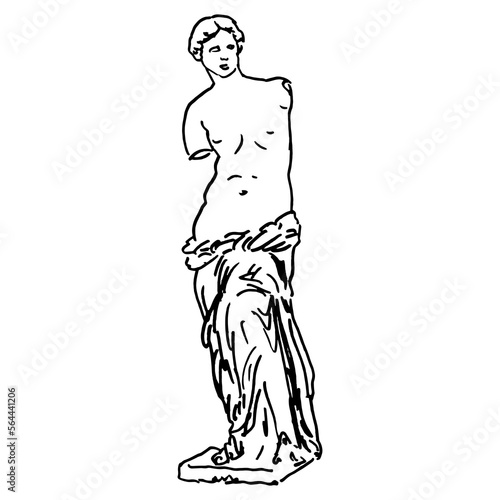 Venus de Milo. Famous marble statue of the Greek goddess Aphrodite. Hand drawn linear doodle rough sketch. Black silhouette on white background.