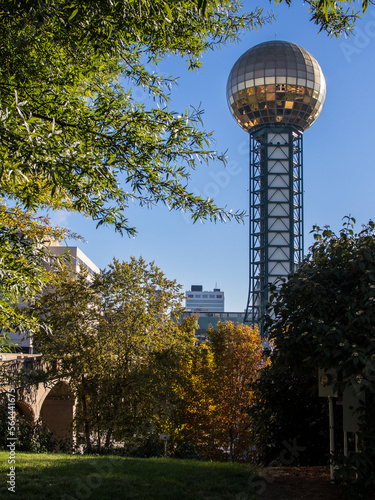 Fényképezés The Sunsphere tower in Knoxville, Tennessee, framed by tree against blue sky