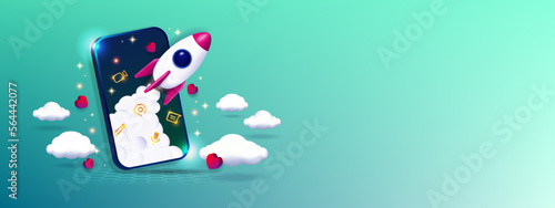 3D Conceptual Vector Illustration and Digital Marketing, Advertising Campaign with smartphone with smartphone and rocket. Premium vector.