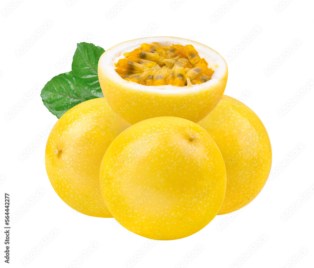 Yellow passion fruit with leaves isolated on transparent png Yellow passion fruit with leaves isolated on transparent png