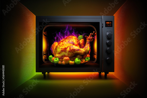 Hot and Tasty: An illustration of a golden brown chicken roasting inside a oven, perfect for BBQ, dinner and lunch related designs