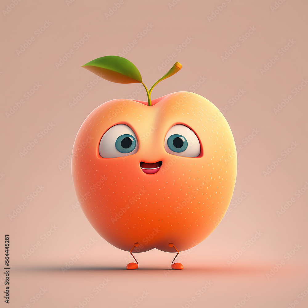 Cute Happy Peach Character Cartoon 3D. Generative AI Cute Happy Peach Character Cartoon 3D. Generative AI