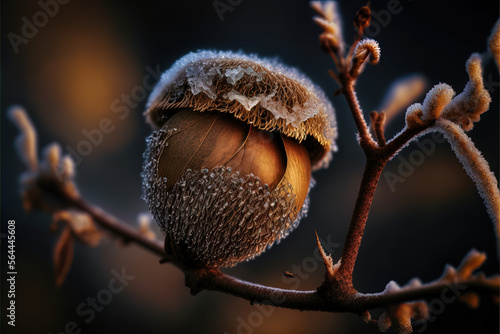 Winter Wonder: A close-up illustration of a brown acorn hanging on a tree in a snowy landscape photo