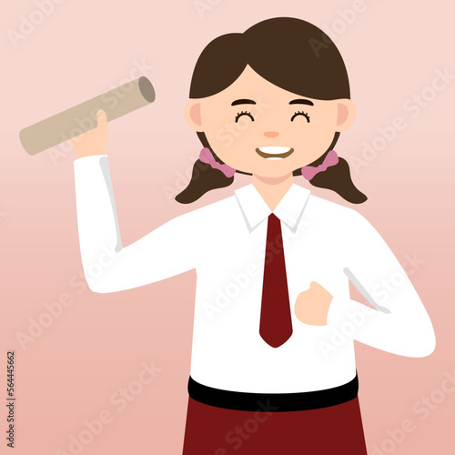  Elementary School girl and Boy Student Wearing Red and White Uniform. Cartoon Vector Illustration. Portrait of an elementary school student. School students children with backpacks, books, macbook. 