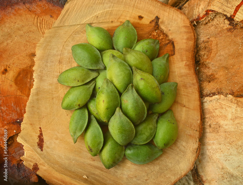 Flatlay pile of Ketapang or Terminalia Catappa fruits on wooden