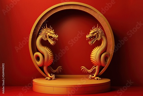 Red Chinese New Year red and golden theme product display background ,empty stage mockup for display product, dragon chinese golden by Ai Generative photo