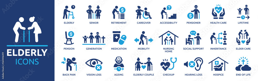 Elderly icon set. Containing senior, retirement, caregiver, accessibility, health, care, pensioner, generation, hospice, ageing and nursing home icons. Solid icon collection. - obrazy, fototapety, plakaty 