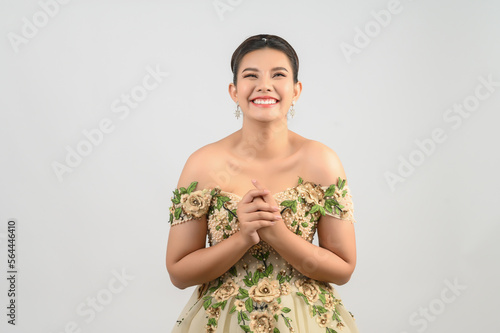 Young asian beautiful bride smiling with happy on white background