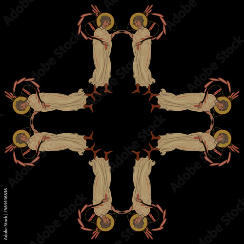
Rectangular frame or mandala with holy angels holding wings and touching hands. On black background.