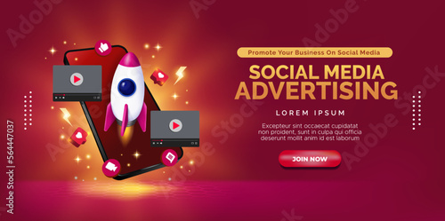 Creative concept in boosting Social Media video marketing with rocket and smartphone. Premium vector.