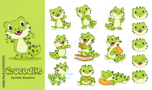 Set of green crocodile character big carnivore amphibian cartoon animal design in various motion and expression. Vector illustration cartoon character.