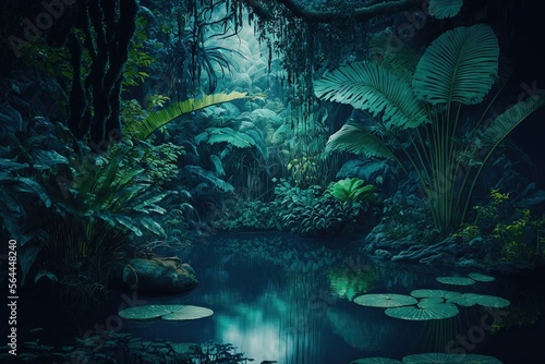  tropical jungle in the night. Generative AI