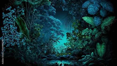  tropical jungle in the night. Generative AI photo