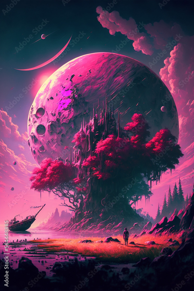 Fototapeta premium Viva Magenta Mirage: A Pantone 2023 Fantasy Landscape. Phone wallpaper